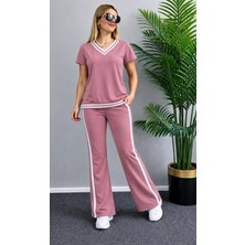 Gökyüzü Moda Kadın Kısa Kollu V Yakalı Viskon Iki Iplik Bluz ve Pantolon Ikili Takım