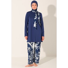 Alfasa Indigo Desenli Tam Kapalı Tesettür Mayo Uzun Kollu Fermuarlı 25636-26 Lacivert