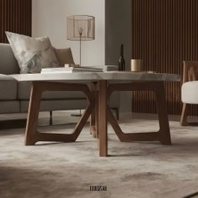 Grand Cns Group Round Doğal Mermer Orta Sehpa, Ahşap Ayaklı, Tasarım Sehpa