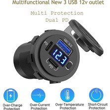 MELLİFERA Bir Usb Type-A ve Bir Usb Type-C Şarj Cihazı (Voltmetreli - On-Off Anahtarlı - Mavi Işıklı)