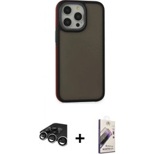 Marsilyan™- iPhone 15 Pro Kılıf Eksen Işık - Siyah Bilvis 3D Mat Cam Ekran Koruyucu + Raze Metal Kamera Lens - Gs