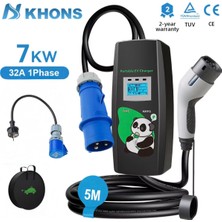 Khons 7.4 Kw Taşınabilir Elektrikli Araç Şarj Cihazı Type 2 32A Tek Faz 5 Metre Kablolu 6A-32A Ayarlanabilir Akım