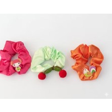 Bodrum Asel 3’lü Figürlü Çocuk Saç Tokası Seti - Bebek ve Çocuklar Için Lüks Saten Scrunchie - Kiraz, Horoz ve Bebek Karakterli Yumuşak Lastikli Toka Paket