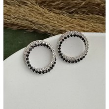 Happy Aksesuar Siyah Beyaz Kristal Taşlı Halka Kadın Abiye Küpe Çap.2,5cm