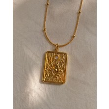 Gold Zirkon Taşlı Dokulu Göz Plaka Kolye