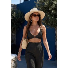 Fashion Cocktail Derin Geniş Göğüs Dekolteli Sexy Kare Metal Tokalı Dokulu Keten Seksi Sütyensiz Çamaşırsız Giyilen Crop Pantolon Tatil Yazlık Takım Set