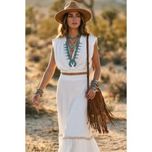 Fashion Cocktail Inci Sıralı ve Jüt Şeritli Apoletli Kolsuz Bohem Organik Doku Krınkıl Kumaş Eteği Astarlı Kruvaze V Yaka Crop Bluz Fırfırlı Uzun Boho Bohem Tatil Chic Etek Seti Ikili Takım