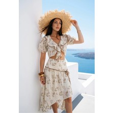 Fashion Cocktail Nakışlı Işlemeli Güpürlü Önden Bağlamalı Balon Kol Crop Bluz ve Yırtmaçlı Asimetrik Uzun Yırtmaç Efekt Etek Yazlık Romantik Vintage Retro Bohem Ikili Takım Kadın Set