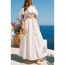 Fashion Cocktail Düşük Omuz Madonna Yaka Fisto Brode Gipe Kumaşlı Halat Kemerli Romantil Yazlık Tatil Kadın Takım Set