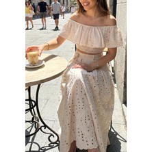 Fashion Cocktail Düşük Omuz Madonna Yaka Fisto Brode Gipe Kumaşlı Halat Kemerli Romantil Yazlık Tatil Kadın Takım Set