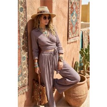 Fashion Cocktail Asimetrik Cepli Lastikli Pantolon Yan Bağlamalı Kollu Crop Yazlık Tatil Dokulu Gofre Kumaşlı Kadın Bohem Boho Takım Set