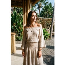Fashion Cocktail Cepli Elastik Bel Örgü Detaylı Yırtmaçsız Etek Kayık Yaka Geniş Kol Salaş Kısa Crop Bluz Doğal Naturel Müslin Bohem Tatil Sahil Yazlık Ikili Takım Kadın Set