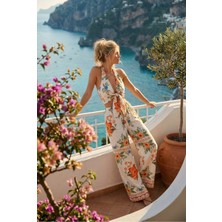 Fashion Cocktail Island Girl Vintage Bağlamalı Tropikal Halter Yaka Büstiyer ve Lastik Bel Geniş Paça Cepli Pantolon Yazlık Bohem Boho Set Takım