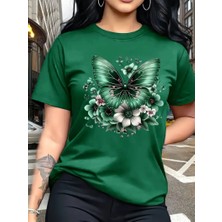 Nigrum Pardus Nıgrum Pardus Tona Ton Kelebek Baskılı %100 Pamuk Yeni Sezon Büyük Beden Kadın T-Shirt