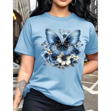 Nigrum Pardus Nıgrum Pardus Tona Ton Kelebek Baskılı %100 Pamuk Yeni Sezon Büyük Beden Kadın T-Shirt