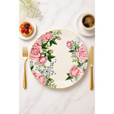 Gerçek Altın Yaldızlı Gül Desenli 26 cm Servis Tabağı Tekli Şık Sunum Pasta Tatlı Tabak 1 Adet Sudedi Home