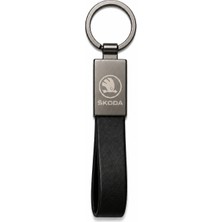 SAVEK Skoda Anahtarlık Parlak Metal & Deri – Çift Tarafı Logolu, Premium Şık Tasarım, 12 x 2 cm Boyut, Araba Aksesuar