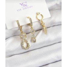 Happy Aksesuar Pirinç Zirkon Taşlı Sallantılı Model Gold Renk 3'lü Kadın Küpe