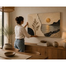 Othello Art Modern Soyut Deniz Manzaralı Kanvas Tablo – Bej Gold Dokulu Bohem Salon & Ofis Duvar Dekoru