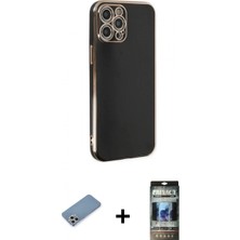 Marsilyan™- iPhone 12 Pro Kılıf Yankı Serisi - Siyah 34D Hayalet Izgaralı Cam + Shine Kamera Lens Koruma Cam - Gs