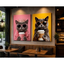 Othello Art 2’li Kedi Kanvas Tablo Seti – Gözlüklü ve Kahveli Eğlenceli Tasarım, Modern Kafe Duvar Dekoru, Premium Tablo