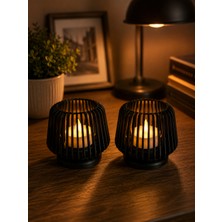 Major Hobi Modern Mumluk ve LED Işık Dekoru Siyah Dekoratif Mumluk 2li - 7 cm