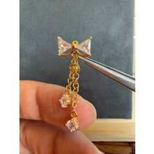 Aida Jewelss %100 316 L Cerrahi Çelik Papyon Sallantılı Tek Taş Zincirli Çelik Göbek Piercingi