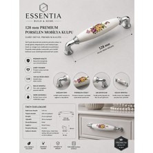 ESBH 128 mm Çiçek Desenli Premium Porselen Mobilya Kulpu – Gümüş Vintage Dolap ve Çekmece Kulbu