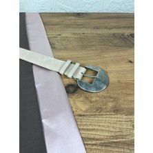 Paşala Leather Suni Deri Kadın Kemer Bej Eskitme Gümüş Yuvarlak Tokalı 3,5 cm Genişlik Dikişli Elbise Uyumlu Kutulu