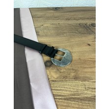 Paşala Leather Suni Deri Kadın Kemer Siyah Eskitme Gümüş Yuvarlak Tokalı 3,5 cm Genişlik Dikişli Elbise Uyumlu Kutulu