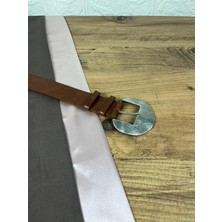 Paşala Leather Suni Deri Kadın Kemer Taba Eskitme Gümüş Yuvarlak Tokalı 3,5 cm Genişlik Dikişli Elbise Uyumlu Kutulu