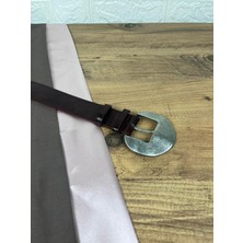 Paşala Leather Suni Deri Kadın Kemer Bordo Eskitme Gümüş Yuvarlak Tokalı 3,5 cm Genişlik Dikişli Elbise Uyumlu Kutulu