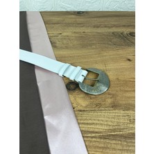 Paşala Leather Suni Deri Kadın Kemer Beyaz Eskitme Gümüş Yuvarlak Tokalı 3,5 cm Genişlik Dikişli Elbise Uyumlu Kutulu