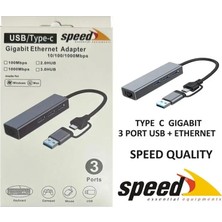 TKÇ Speed Sp UET01 10/100/1000MBPS USB / Type-C 3 Port USB 3.0 Çoklayıcı Gıgabıt Ethernet Dönüştür�