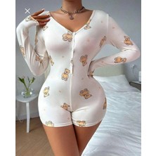 Vip Marketim Vipmarketim Pamuklu Beyaz Ayıcık Desenli Düğmeli Uzun Kol Tulum Pijama