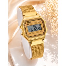 Q&Q Çelik Hasır Kordonlu, Altın Sarısı, Retro, Dijital, Işıklı, Kronometreli, Su Geçirmez, 2 Yıl Garantili Unisex Saat