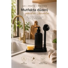 Ovio Ev Yaşam 3’lü Siyah Mutfak & Banyo  Bulaşıklık-Evye Düzenleyici Lavabo Seti Standlı Sıvı Sabunluk- Silikon Fırça-Süngerlik-Organizer