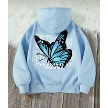 Nigrum Pardus Nıgrum Pardus Kapüşonlu Mavi Kelebek Sırt Baskılı 2 Iplik Şardonlu Kız Çocuk Sweatshirt
