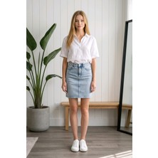 Hies Buz Mavisi Denim Cepli Yırtmaçsız Yüksek Bel Likralı Kısa Kot Etek - 45 cm