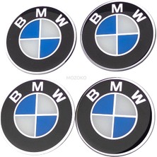 MOZOKO Kendinden Yapışkanlı Bmw Logolu Siyah Mavi 65 mm 3D Jant Göbeği Etiket Seti – 4 Adet Damla Baskı