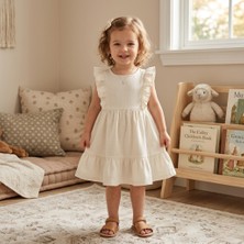 TA&CE Kids Tace Kıds Kız Çocuk Kolsuz Fırfır Detaylı Keten Karışımlı Ekru Renk Elbise- 2-6 Yaş