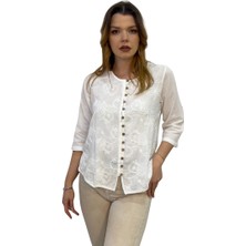 Etki Moda %100 Organik Pamuk Kadın Önü Nakışlı Düğme Detaylı Otantik Bluz