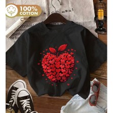 Nigrum Pardus Nıgrum Pardus Yeni Sezon Heart Apple Baskılı %100 Pamuk Kız Çocuk Oversize T-Shirt