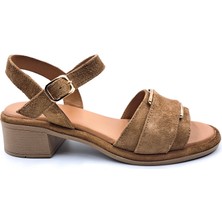 R1411 Hakiki Süet Deri Alçak Topuklu Kadın Camel Bej Süet Sandalet Ayakkabı