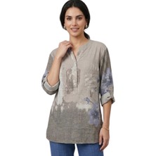 Etki Moda Kadın Çok Renk Desenli Italyan Stil Yarım Düğmeli Hakim Yaka Bluz