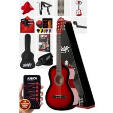 Die Grup Kırmızı Renkli 4/4 Klasik Gitar Seti, Yetişkin Boy Sap Ayarı ile