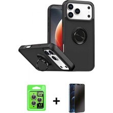 Marsilyan™- iPhone 17 Pro Kılıf Yörünge Çizgi - Siyah 3D Antistatik Hayalet Cam Ekran Koruyucu + Raze Metal Kamera Lens - Gs