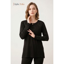 Kadın Zambak Desen Yaka ve Kol Işlemeli, Taşlı Anne Penye Bluz