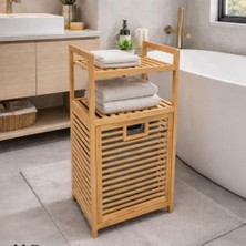 Bambu Çamaşır Sepeti ve Raflı Banyo Düzenleyici, Doğal Renk, 55 L Kapasiteli, Çıkarılabilir Iç Sepetli