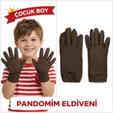 İlk El Grup Çocuk Boy Pandomim Eldiveni Beyaz Puantiyeli Kahve Renk Gösteri Eldiveni 23 Nisan 19 Mayıs